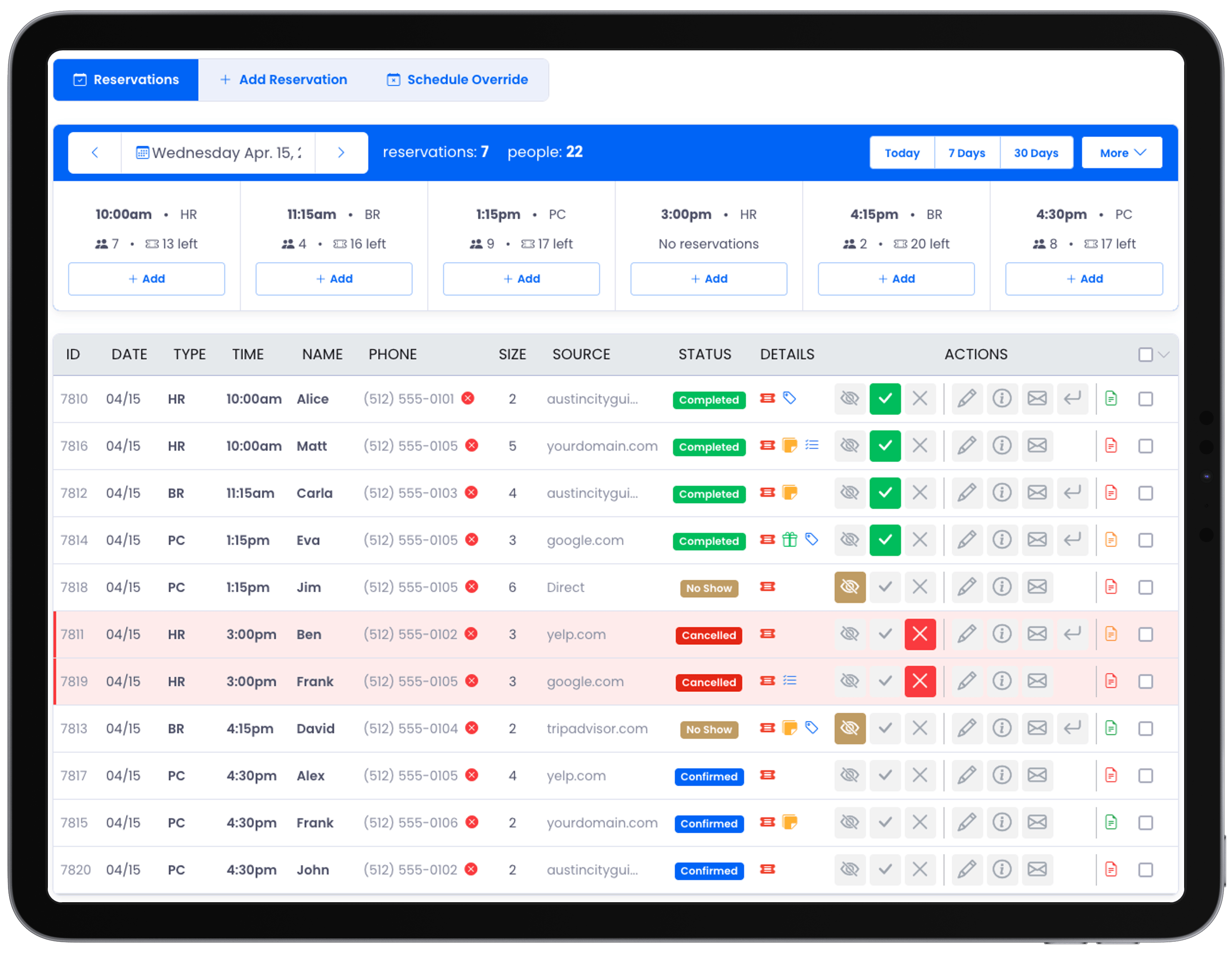 Reservation management on tablet — schedules and bookings